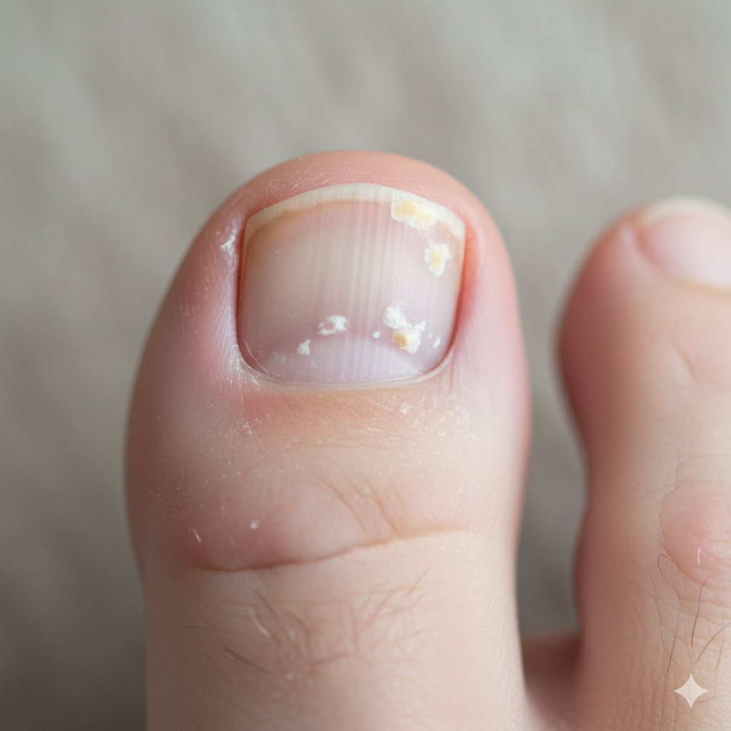 Uña en fase inicial de hongos mostrando manchas blancas y amarillas en la punta