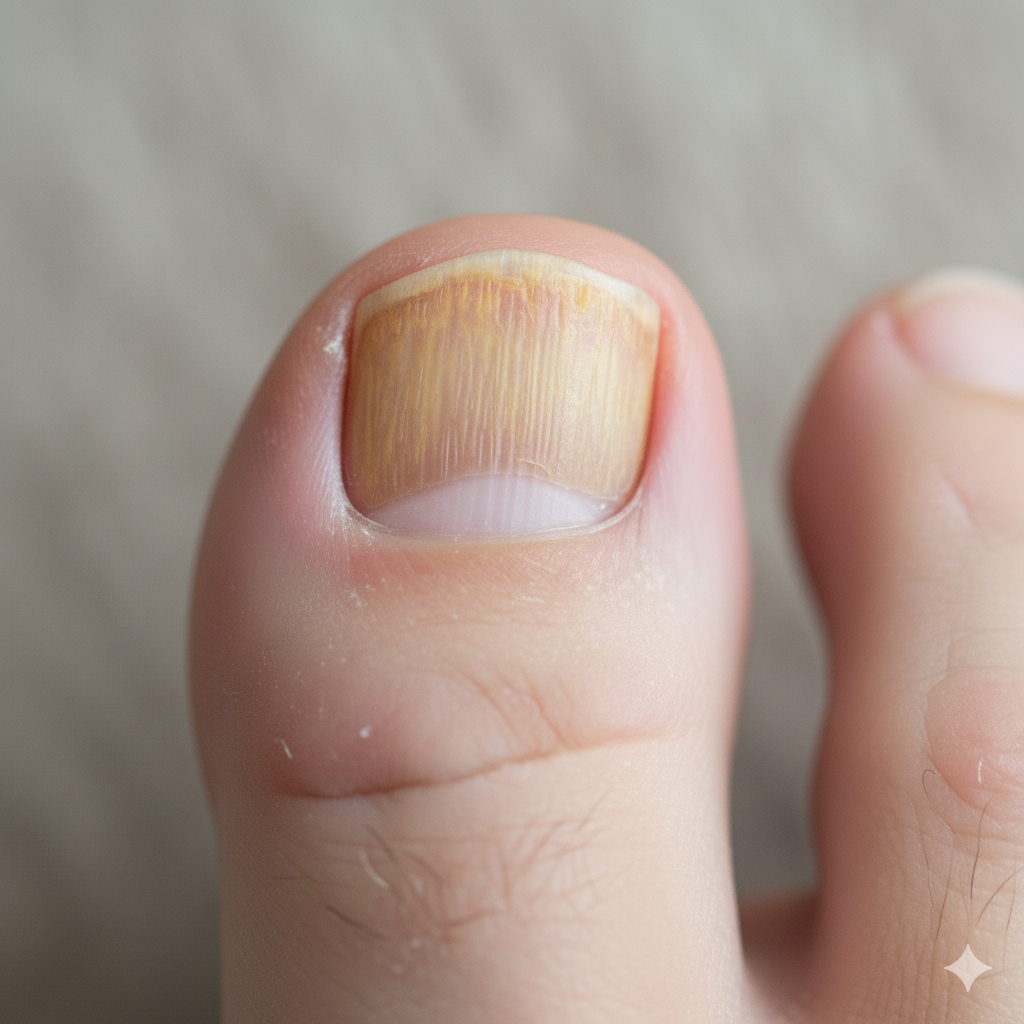 Uña en fase moderada con engrosamiento, decoloración amarilla y estrías visibles