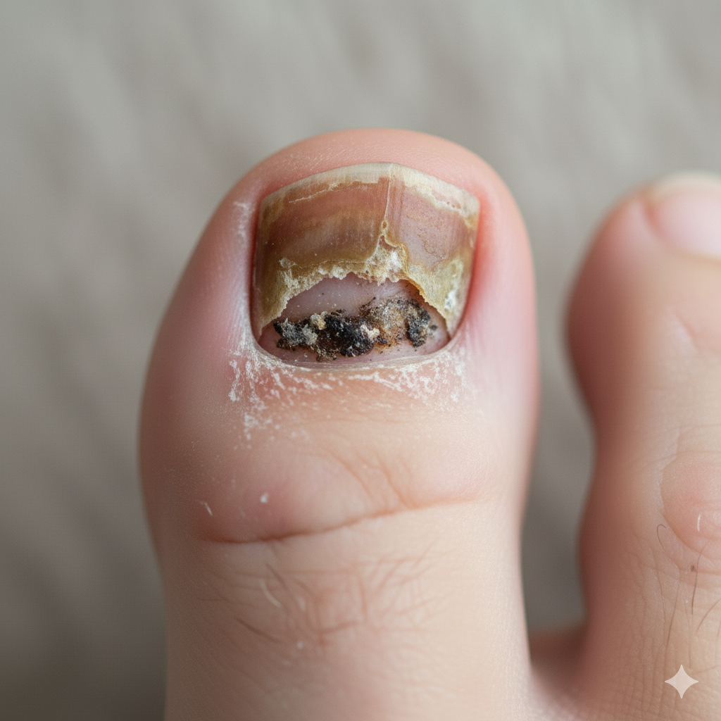 Uña en fase avanzada severamente deformada, engrosada y separada del lecho ungueal